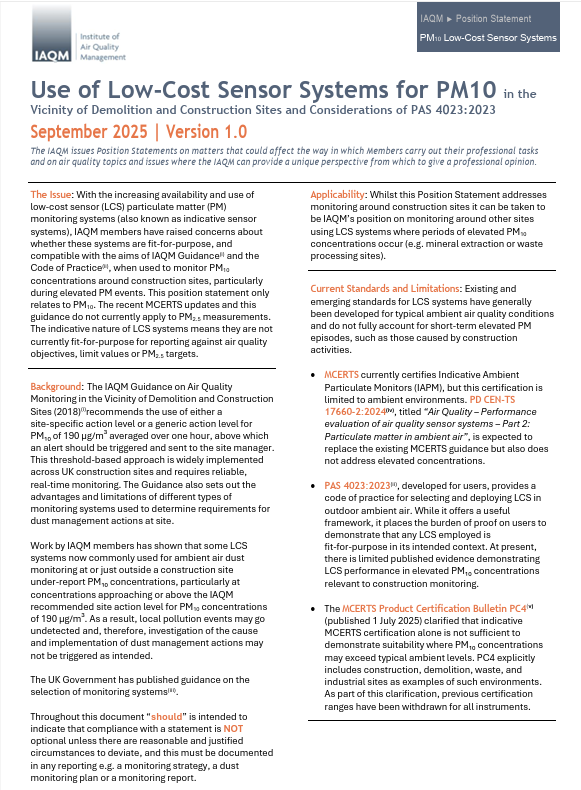 Position Statement on on the use of low-cost sensor systems for PM10